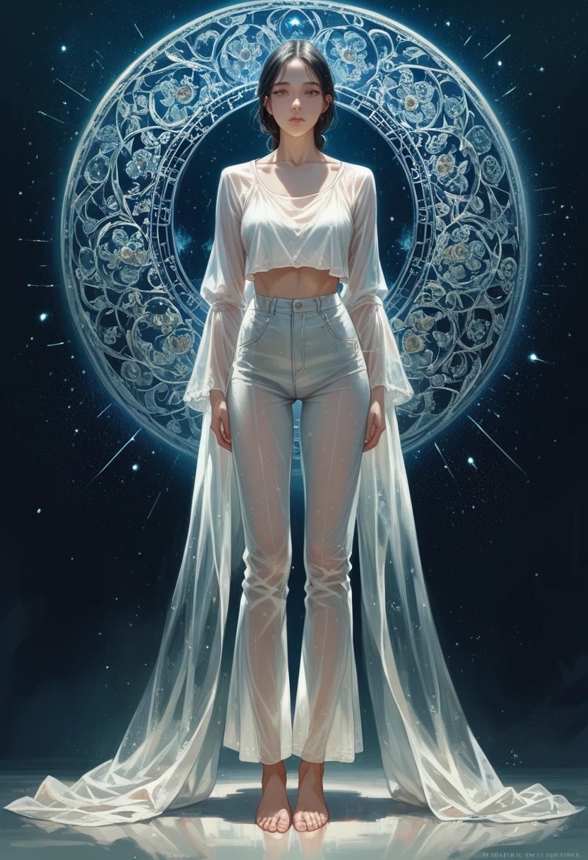 work of art, a beautiful goddess of the void, full body in transparent white clothes, Standing beneath the empty night stars, Disappearing pants, standing, tall figure, fine legs, detailed faces, detailed details of body parts, 8 k wallpaper,sit-ups