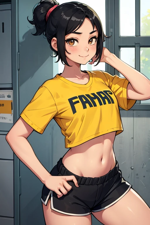 wolf-boy, short black hair, golden eyes, big fluffy tail, big sharp wolf ears, midriff, black long-sleeved shirt, sweat, black thigh socks, converse shoes, Vibrant, HD, masterpiece, best quality, slim upper body, thick lower body, toned abs, smug, full body view