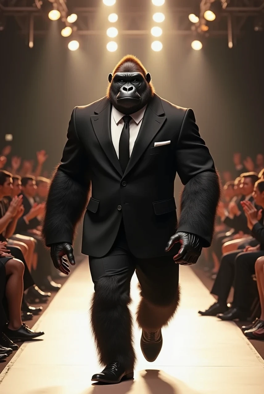 A gorilla walking down the runaway at a fashion show,