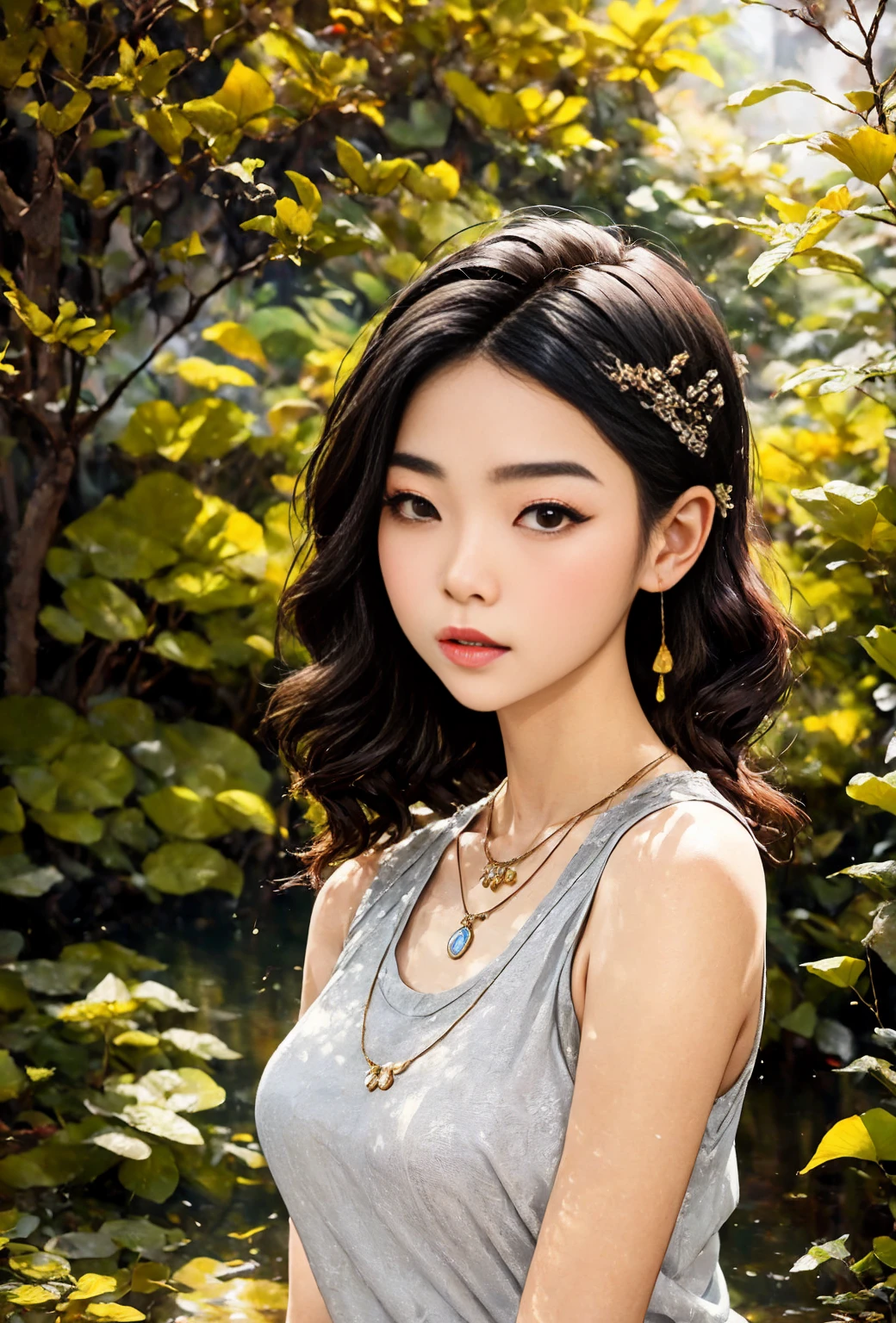 Araped Asian woman wearing necklace and gray tank top, beautiful young korean woman, gorgeous young korean girl, beautiful south korean girl, korean girl, Young and lovely Korean face, Portraits of Korean female idols, young asian girl, beautiful asian girl, young cute white asian face