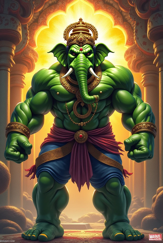 Lord Ganesha in hulk body in neon light in robotic body in setad in a mouse monster look robot car