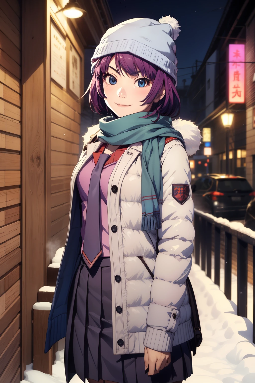 masterpiece、Highest quality、High resolution、Detailed face、hitagisenjougahara, short hair, medium breasts, beanie, school uniform, necktie, scarf, blue scarf, coat, winter clothes, naoetsu high school uniform, skirt, pleated skirt, black thighhighs, zettai ryouiki、((steam:1.1,))Anime Coloring、night、winter、snow、Dim lighting、1 girl、blush、solo、Staring at the audience、smile、short hair、Medium Bust、Hitagi Senjougahara、Beanie、school uniform、Purple Hair、