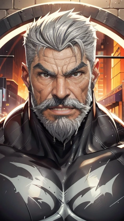 a muscular man, Quiff hairstyle, gray hair, gray mustache, gray beard, venom symbiote, large white spider symbol on symbiote, handsome face, detailed eyes, nose and lips, mouth wide open, detailed teeth, detailed vampiric fangs, 8k, high quality, photorealistic, dramatic lighting, cinematic
