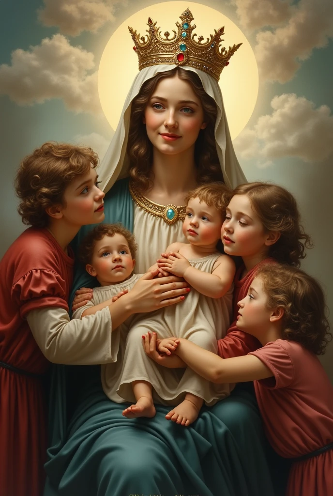 Create a hyper-realistic painting featuring a serene Madonna holding a child. The Madonna has a pale, alabaster complexion, with a calm and peaceful expression. She wears a luxurious blue gown with intricate details and a crown adorned with jewels and pearls, symbolizing her royalty. The scene is surrounded by multiple angelic figures, some with red skin and others with blue, each with their wings slightly open. The background is a deep, rich blue, enhancing the divine atmosphere. The Madonna's exposed breast signifies nurturing, as she holds the child gently in her arms, who also has a pale complexion and a contemplative expression. The overall composition should be both regal and ethereal, capturing the sacred and mystical essence of the Madonna and Child.