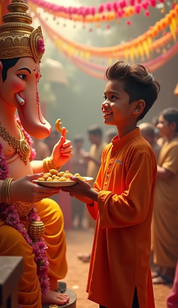 In Ganesha's room, we can see the boy standing, with a broom in his hands, wearing an orange outfit and with his little elephant at his side. Ganesha seems a little confused and even a little reluctant to have to do this task. In the background, we see Shiva, the god of destruction, with his blue skin, beard and long hair tied in a bun. He is pointing at Ganesha with a stern look, as if he is demanding the boy do as he is asked. The room is a little messy, with toys scattered on the floor and clothes thrown on a chair. Somewhere in the scene, we can hear soft music playing, perhaps to reassure Ganesha as he prepares for the task he has been given.