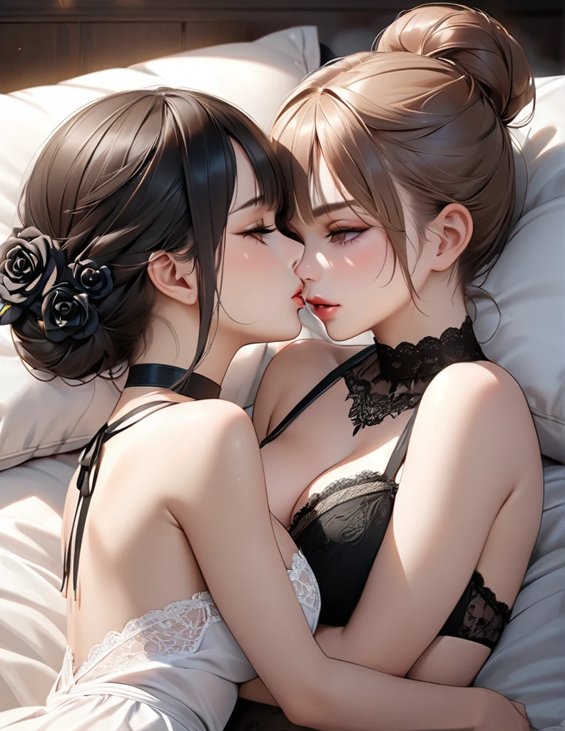 realista, rostro perfecto, escena de besos de pareja de dos chicas calientes, primer plano, Alluring expression, aked, Room ambience, Soft room light, romantic, color suave, juegos previos, besos, detalles extrafinos,   s2- --auto --s2