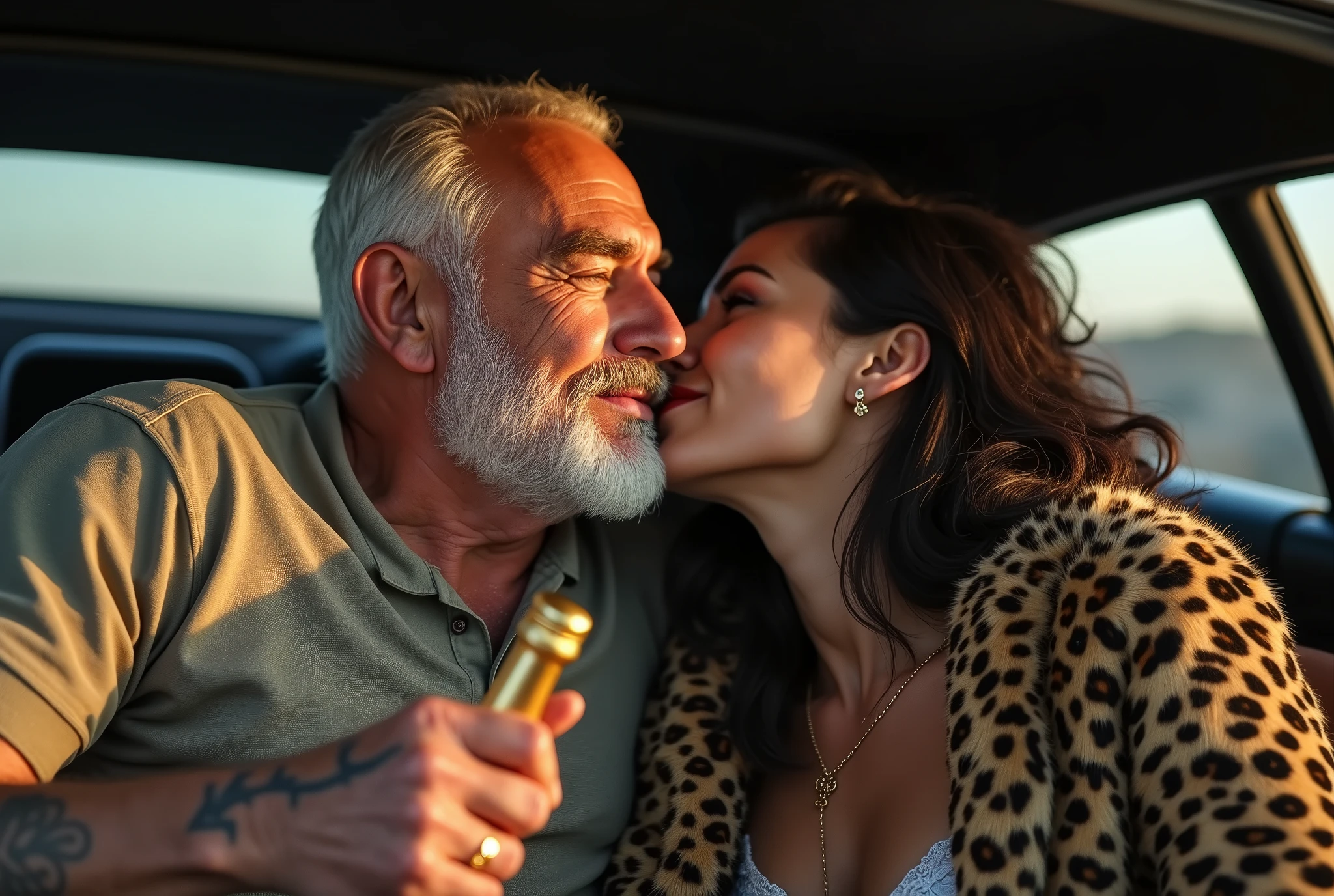 (photorealism:1.2), Una sexy curly brown hair mujer, with pink leggings, ride with an elderly person on a mountain bike, He hugs her around the waist 