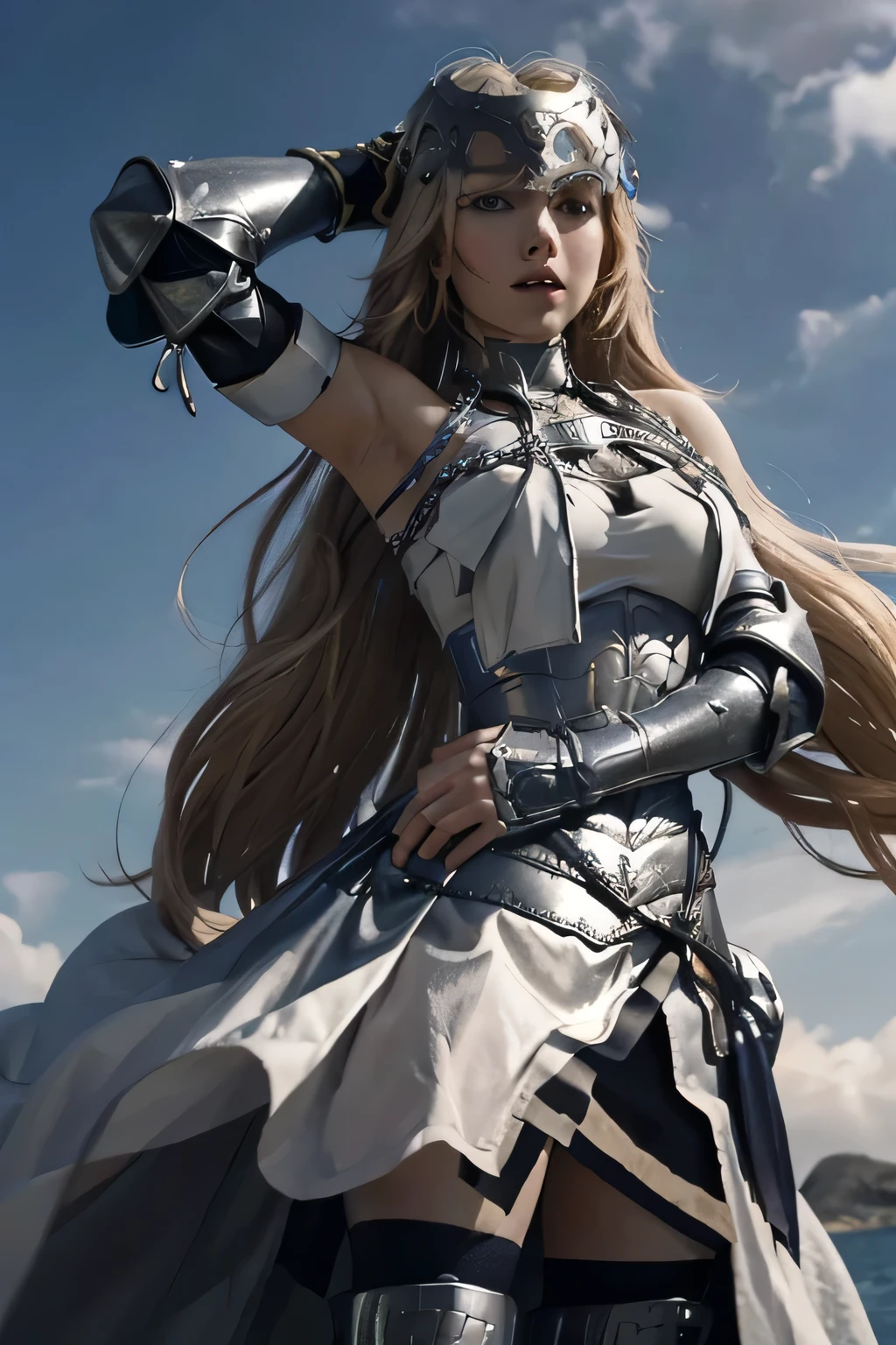 1girl, jeanne d'arc (fate),long hair, gauntlets,,armored dress,boots, blue sky, masterpiece, best quality,incredibly absurdres, 1girl, high detailed, realistic, very detailed, armpits, hands up, underarm, underarm reveal, underarms up, shoulder armor, underarm detialed, ultra real