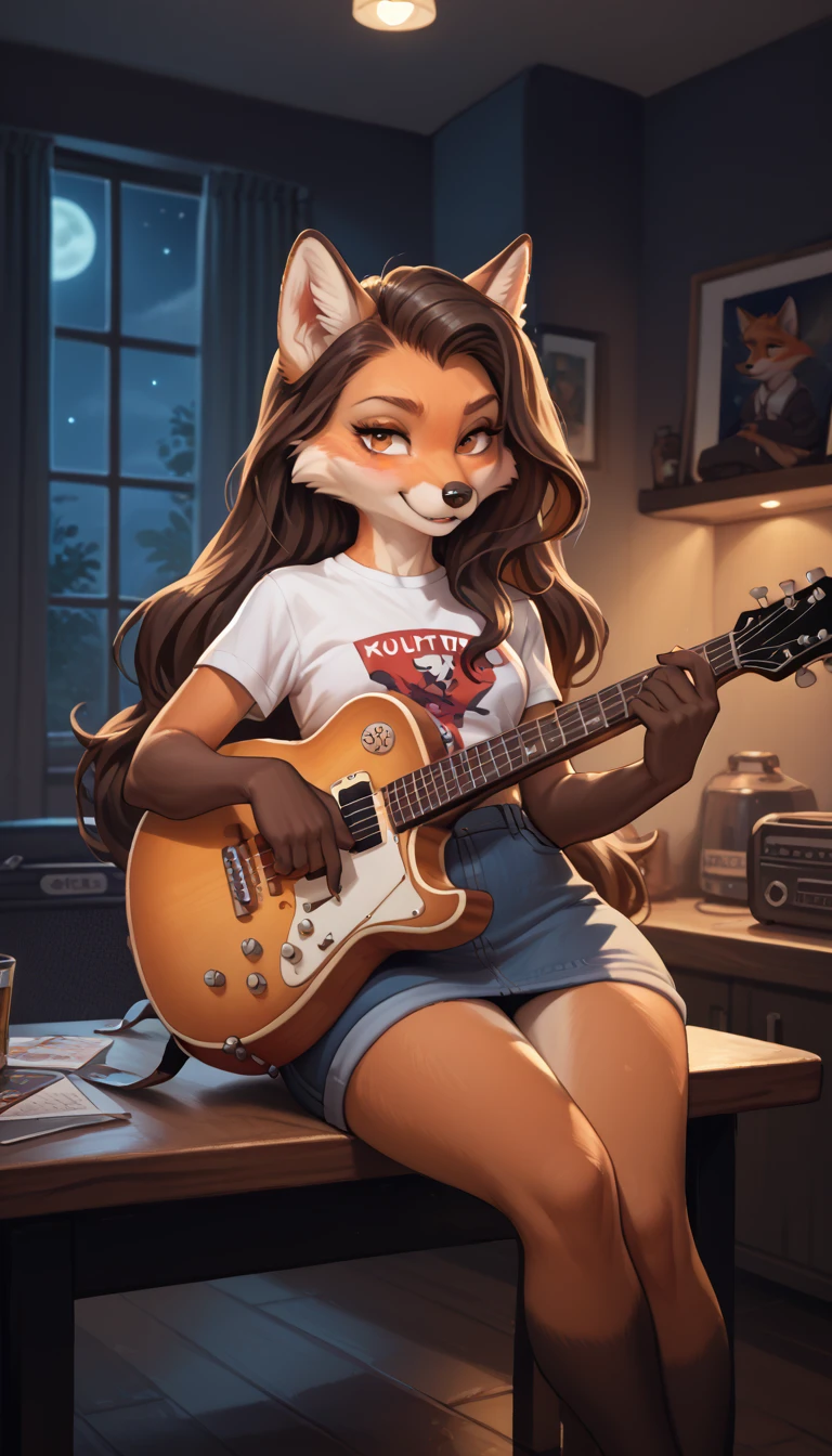 fox, furry, girl, playing guitar, sitting on the table, private room, at night, dark room, low light, polite, long hair, wide hips, cute