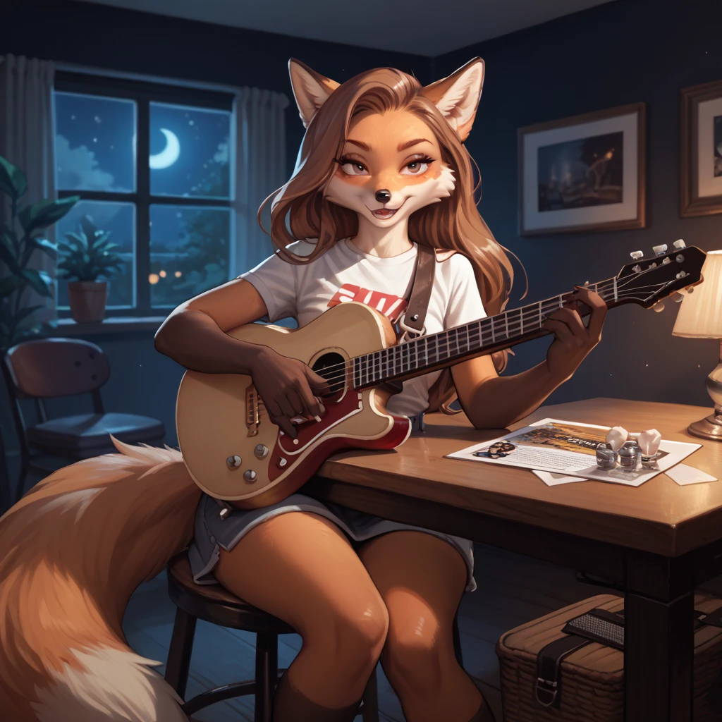 fox, furry, girl, playing guitar, sitting on the table, private room, at night, dark room, low light, polite, long hair, wide hips, cute,