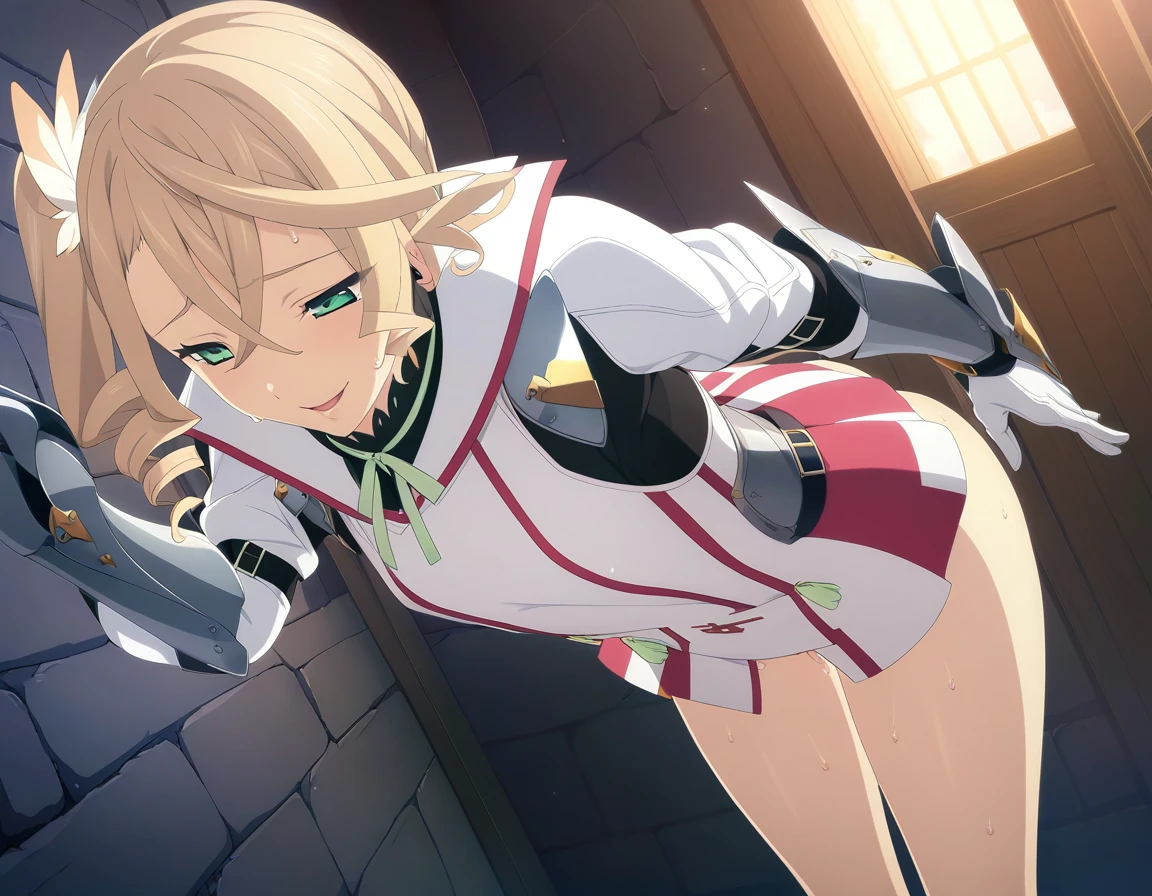 NSFW:1.8,1girl,1man,((1girl, 1man, sex, standing doggy)),adarmor, Blonde, Side Ponytail, Green Eyes, armor, Neck ribbon,trap, Gauntlet, gloves, Greaves, chest wall, Game CG, Anime screenshots, Official Art, masterpiece, Highest quality,seductive smile,small breasts,(leaning forward:1.3),steam,sweat