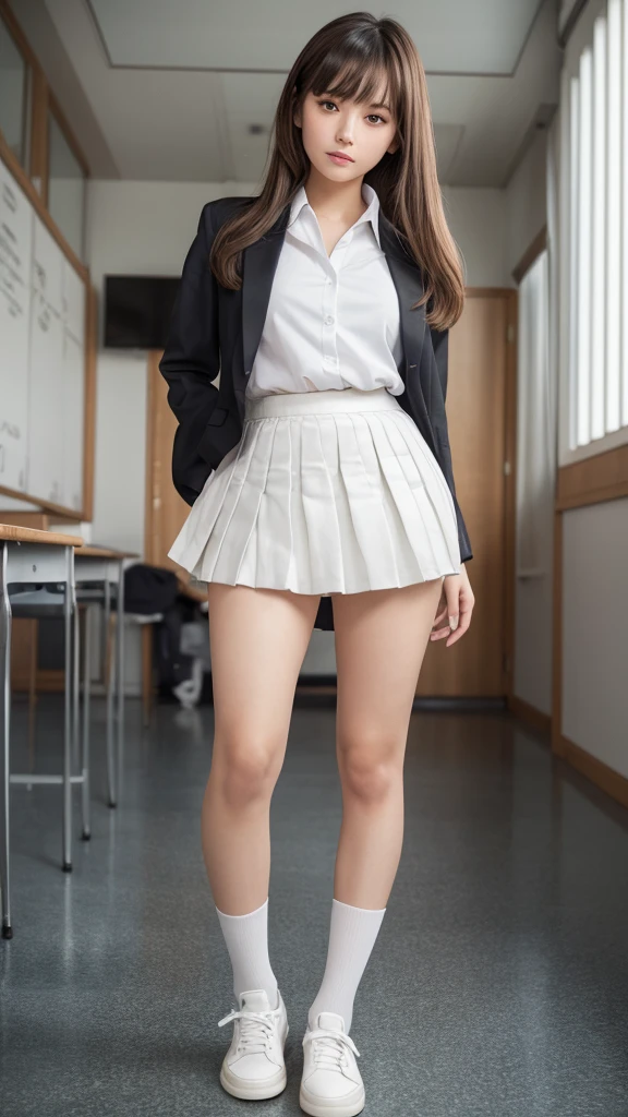 Product quality,1 girl,(Shooting from below:1.4),(Thigh Emphasis:1.4),Young and pretty girl in Japan,Daytime, (High school classroom:1.2),(Short sleeve shirt:1.3),(Schoolgirl uniform:1.3),(blazer:1.3), (Ultra mini pleated skirt in white:1.5),(Skirt Lift,No pants:1.7),(White socks:1.3),(Black leather shoes:1.3),Very cute face,Glossy Lips,Beautiful big eyes,Brown eyes,Double eyelids on both eyes,(Natural Makeup),shiny smooth light brown long hair,,,,Asymmetrical bangs,Floating Hair NovaFrog Style,Center image,8k resolution,Attention to detail,Detailed hairstyle,Detailed face,Cinema Lighting,Octane Rendering,Ultra-realistic,Perfect limbs,Beautiful feet,Voluptuous thighs,Huge breasts,Perfect Anatomy,Spread your legs,(Provocative dynamic pose:1.3)