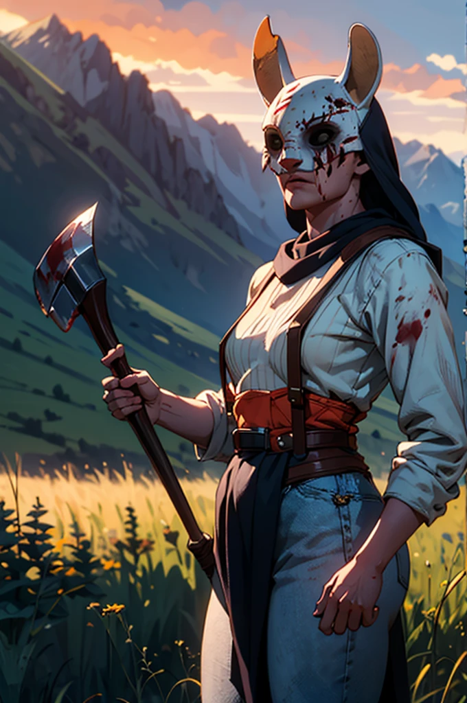 horror, covered in blood, tHuntress, ,mask with ears,black cowl,suspenders, white shirt, pants, tool belt, blue pelvic curtain, orange waistband, dynamic shot, holding weapon, axe, outside, field, house, dusk, twilight sky, high quality, masterpiece, 