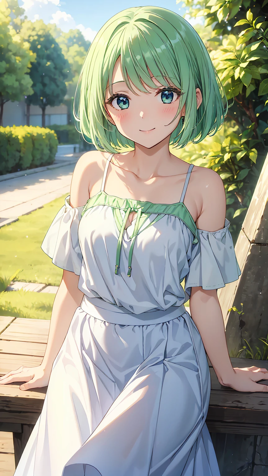 16K、masterpiece、High resolution、((Myulan))、Medium chest、Green Hair、(short hair)、((Summer clothes、White long skirt))、blush、smile、(Angle from below)、