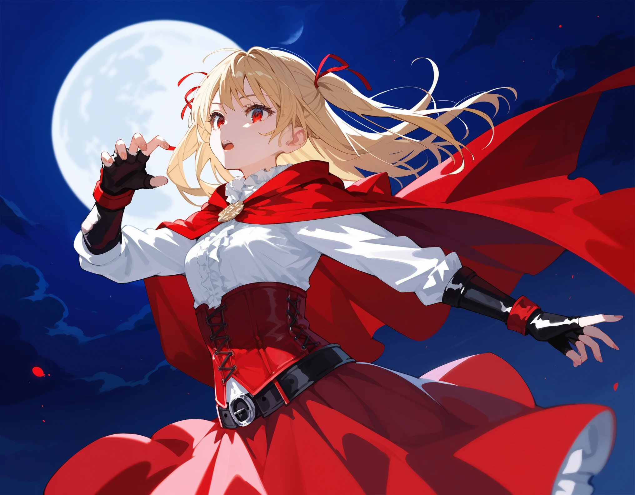 1girl, solo, white shirts, red long cape cloak, red corset, frills red skirt, black fingerless gloves, blonde, two side up, red eye, 
Anime Girls, dutch angle, acrobatic pose, cowboy shot, Diabolical, Gloomy painting style，
red full moon, night sky, night, red moonlight,
Score_9,Score_8,score_7_up,source_anime, rating_questionable,