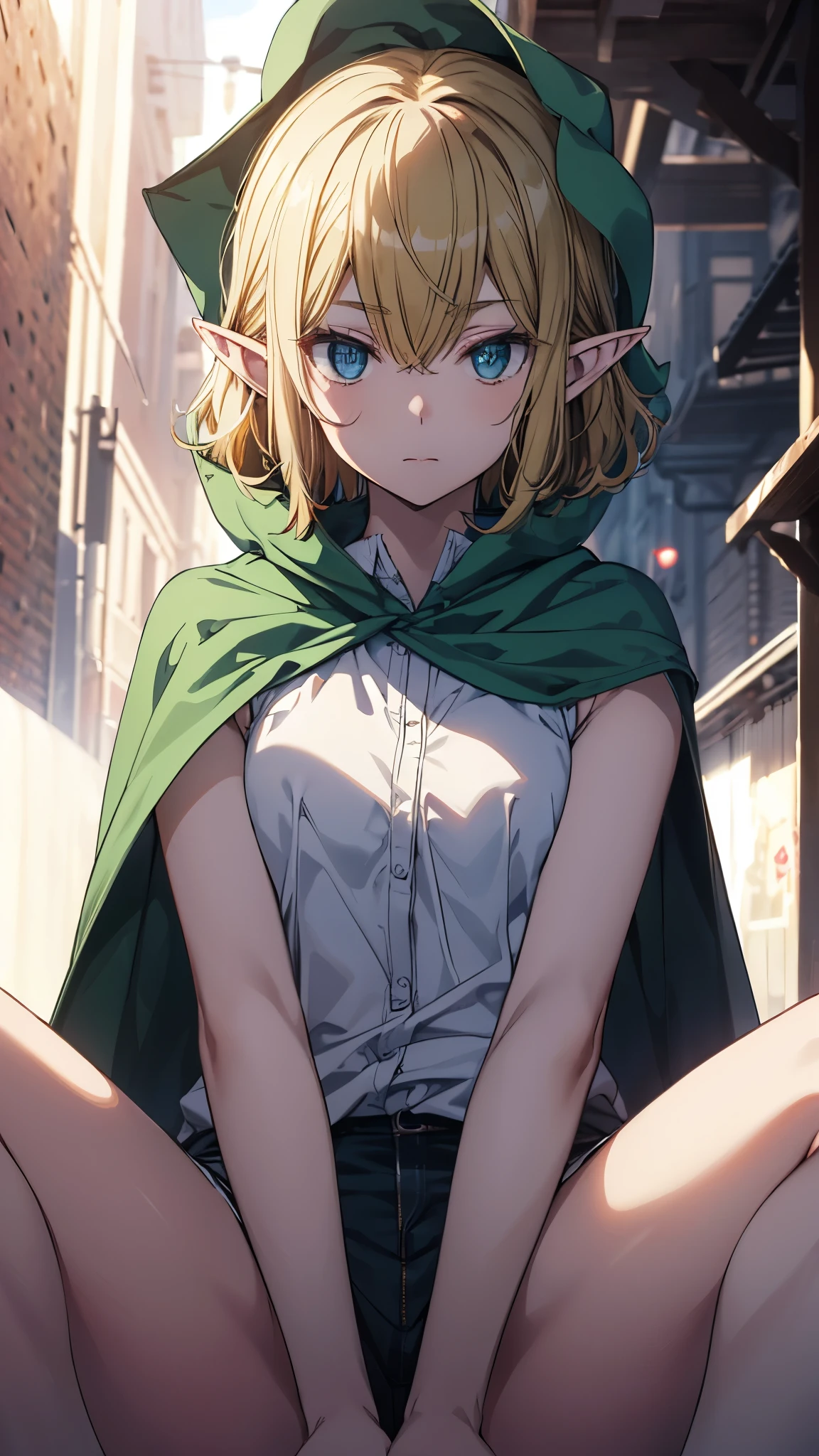 EFT_Ryu, 1girl,slender, blonde hair, solo, blue eyes, pointy ears, cloak, elf, hair between eyes, closed mouth, bangs, green cape, looking at viewer, hood,(white shirt,sleeveless,green micro shorts),thighs,sitting,(upper body:1.3),(spread legs:1.3),(legs up),masterpiece,Noise Reduction,perfect anatomy,high resolution, ultra-detailed, ultra-detailed face,game cg,dutch angle ,beautiful detailed eyes,visualart,five fingers, perfect hands, perfect lighting, sparkling pupils,
 