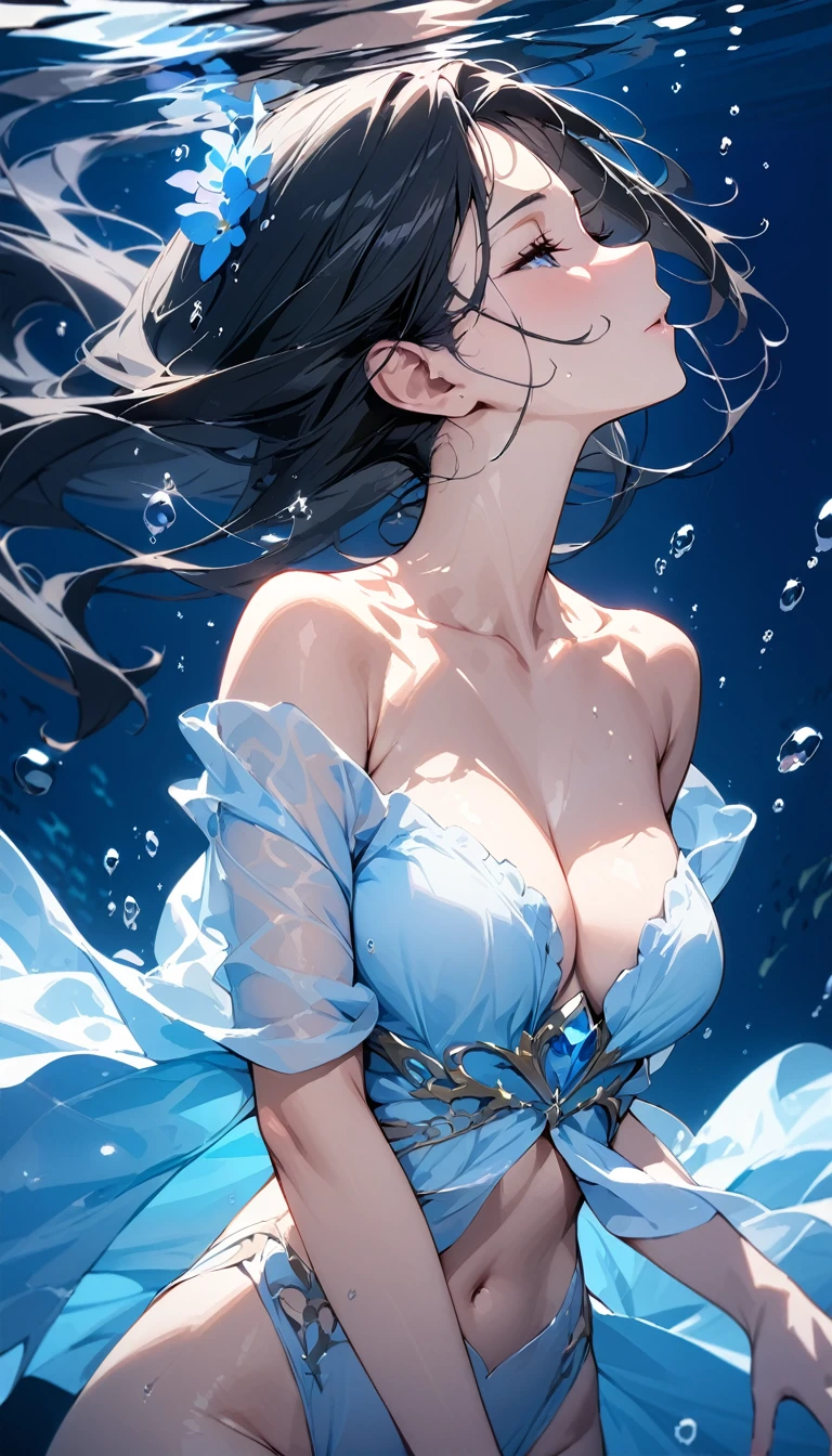 A beautiful woman,Underwater,Ethereal Beauty,Light,(Beautiful pure blue background:1.2),Black Hair,maturity,attractive,Perfect body,(Solitary:1.2),(best quality,very clearly,masterpiece:1.2),
