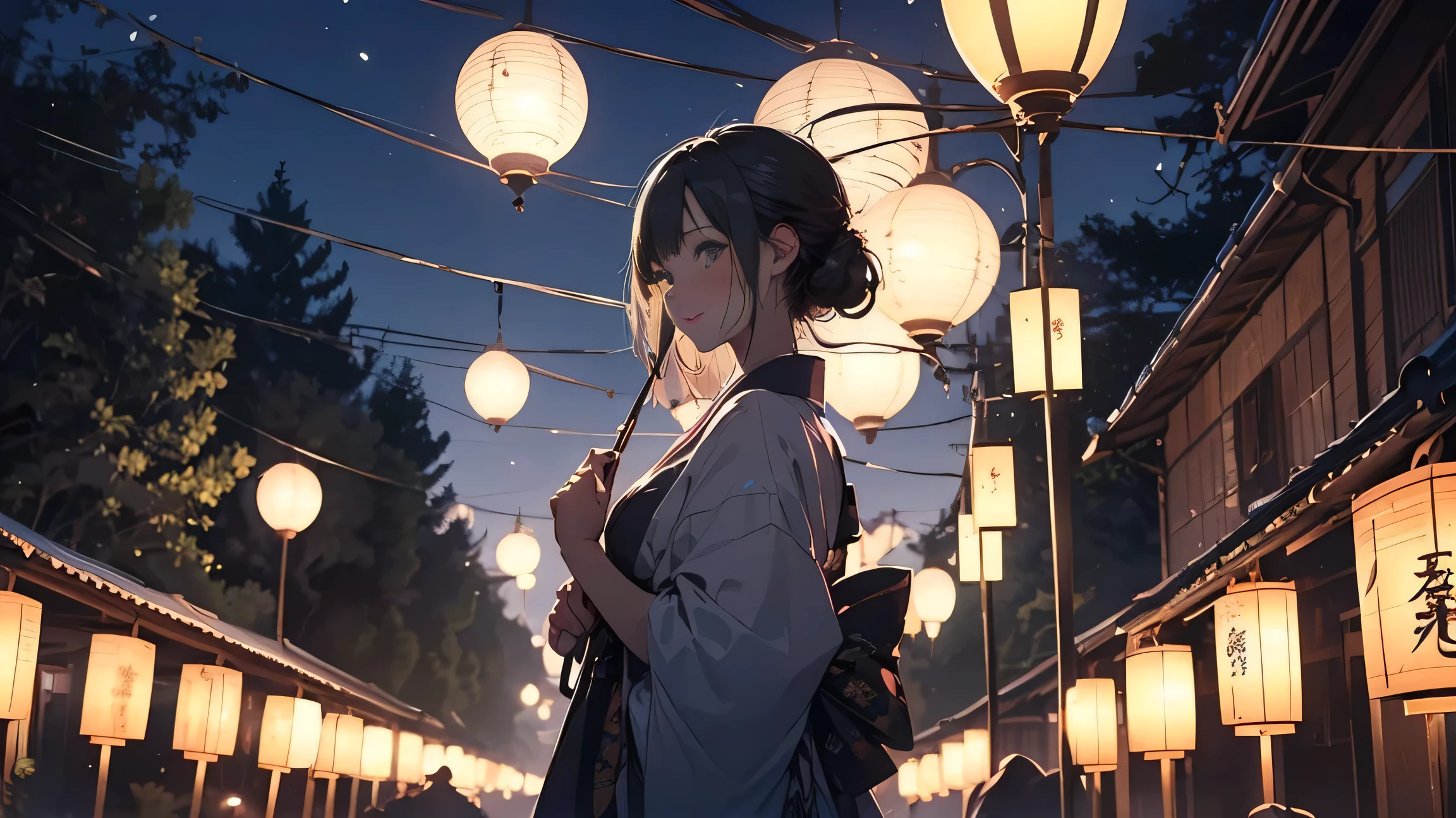 (Official Art、best quality、Unity 8K wallpaper、32K、masterpiece、Extremely detailed、Ultra-high resolution、Practical、Reality:1.2)、(Cinema Lighting:1.2)、Fire Glowing Effect、Film Grain、Best shadow、Rim Light、Side Light、(Highly detailed and complex 3D rendering)、細部までBeautiful faceと目、(whole body:1.2)、(Side view、Avoid your gaze:1.2)、(mystery)、Very detailed background、Beautiful face、Blurred background、(Highly refined skin、Delicate skin texture:1.3)、(Many umbrellas are hanging on the trees., in a candy forest! night, Night lanthanum, Lanterns, lanthanum, japan night, Lanterns, Hanging Lanterns, Night wonderland, With lanthanum, photograph of enchanted garden, parasol, Light up the area, outdoor art installation, Glowing lanthanum, !!beautiful!!, Magical scene:1.2)、Cowboy shooting、Radiant Skin、Beautiful face、Blurred background、20-year-old beauty、Radiant Skin、fox&#39;The tail grows out、beautiful silver hair、short hair、(Ponytail:1.2)、Green Eyes、fox ears、Hair accessories、A kind smile、(kimono:1.2)、mini skirt、Wear knee-high socks、beautiful feet、