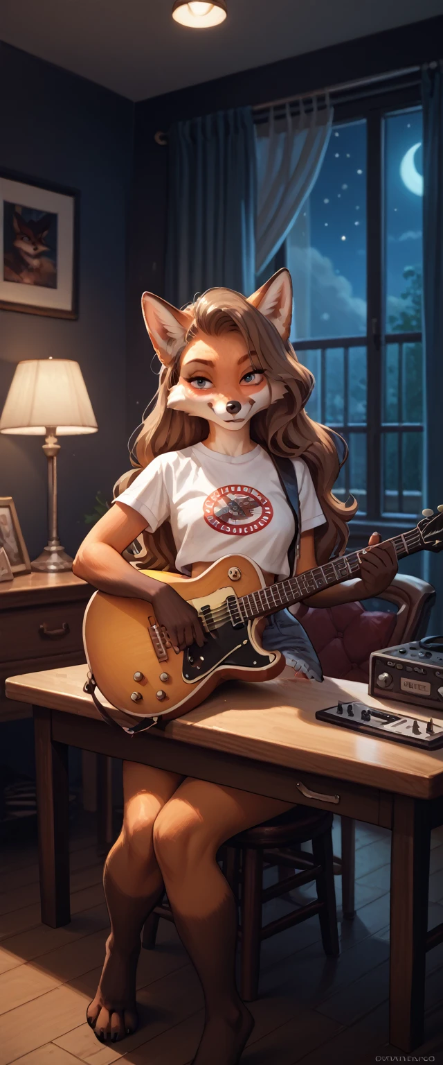 fox, furry, girl, playing guitar, sitting on the table, private room, at night, dark room, low light, polite, long hair, wide hips, cute,