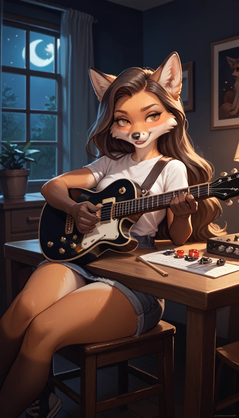 fox, furry, girl, playing guitar, sitting on the table, private room, at night, dark room, low light, polite, long hair, wide hips, cute,