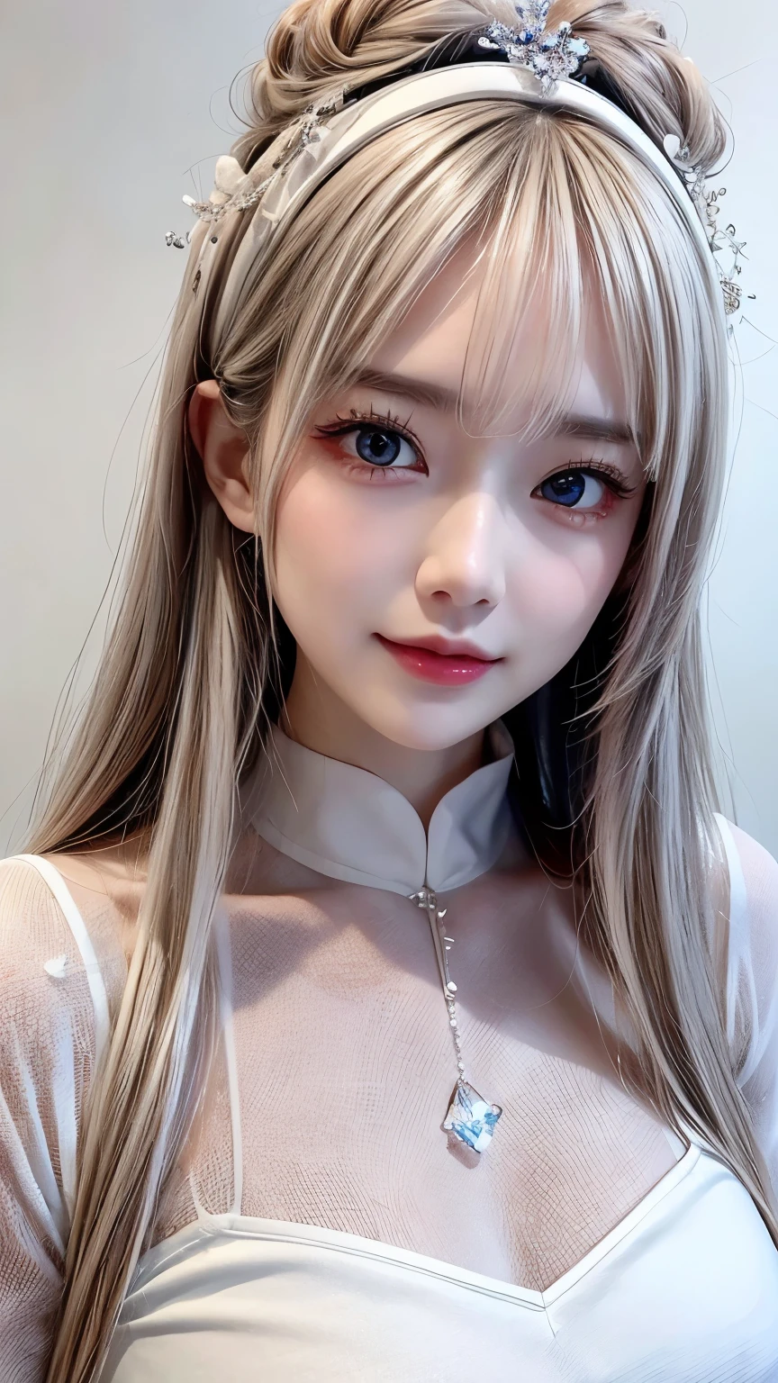 ((From the waist up))((masterpiece:1.5、8k、Portraiture、Photorealistic and highly detailed CGI、Very detailed、Particle Effects、Dynamic Effects、Written boundary depth、Cinematic Light、Lens flare、Ray Tracing、Tabletop、Realistic:1.4、Ultra-high resolution:1.2、Realistic、Realistic))((alone、,Woman in turtleneck dress:1.4、Model-like pose:、Side bust、Ample breasts、Detailed face、brightexpression、young, bright, Whiter skin、Best Looks、Ultimate beauty、White hair with glossy highlights:1.8、bright and shiny hair,、Super long, Silky straight hair、Hair swaying in the wind))(Wonderful transparent flowers々Surrounded by、White Background、Great background、Delicate petals fluttering down)