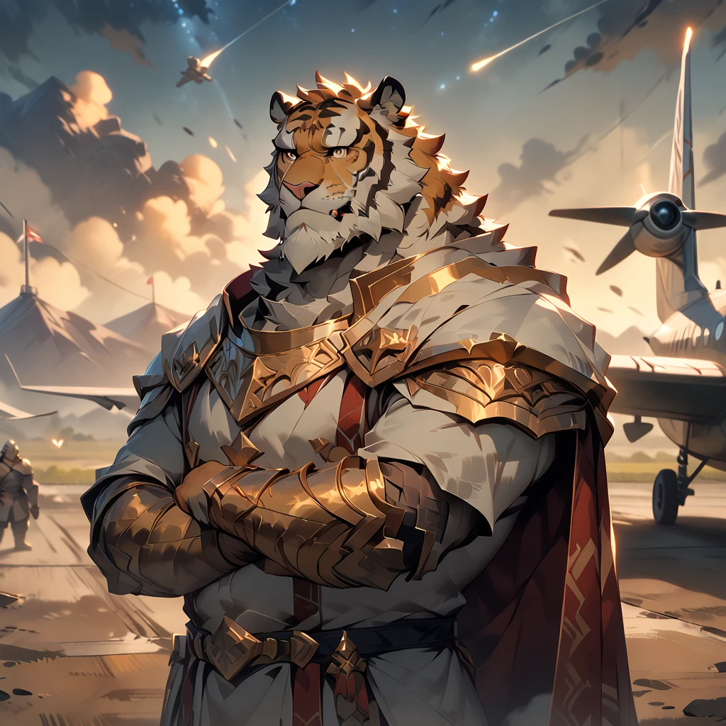 from side, full body, paladin, plump middle-aged british tiger man, looking at the sky, brown eyes, beautiful beard, male face, big face, square jawline, male eyes, sharp eyes, big eyes, male eyebrows, innocent look, fluffy body, BREAK starry sky, airstrip, outdoor, masterpiece, best quality, very aesthetic, absurdres,