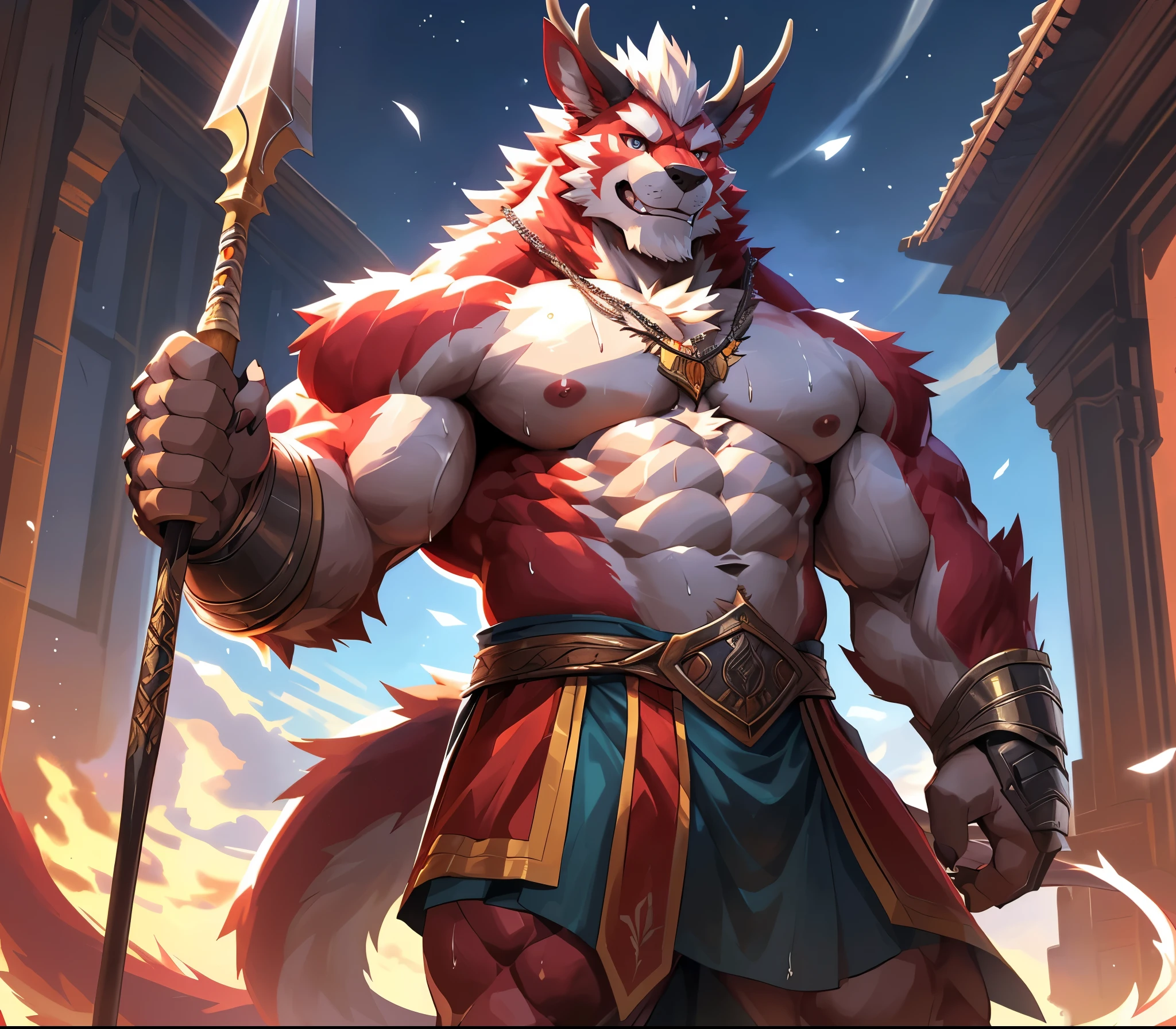 ((best quality)), ((masterpiece)), (ultra detailed), perfect face,antro baize:2.5, male , solo, ((deep-crimson fur)), (strong beefy muscular body), ((abs, strongmuscles, 8 pack)), furry, handsome,Beautiful and delicate eyes, (ultra detailed eyes, (yellow):0.1 eyes, sharp eyes), detailed scene,full body, reflection, shirtless, red cimson hair, , pink , (artist: null-ghost,traver009, lindong, pino daeni), (full body), wearing random pattern necklace, claws, ((fluffy fur, fluffy, furry body)), (qilin, a pair of antler), majestic, wind blowing, ((white belly), ((1 long tail)), big fellow, muscular male, (brazilian tranditional outfit), fluffy  hair, handsome,(Great physique),Delicate canine teeth, hairy, male, anime, full body, solo, holding a long spear, fierce look, bravary, (a knight general), (drenched in sweat), scouting in the outskirt, night scenery, 