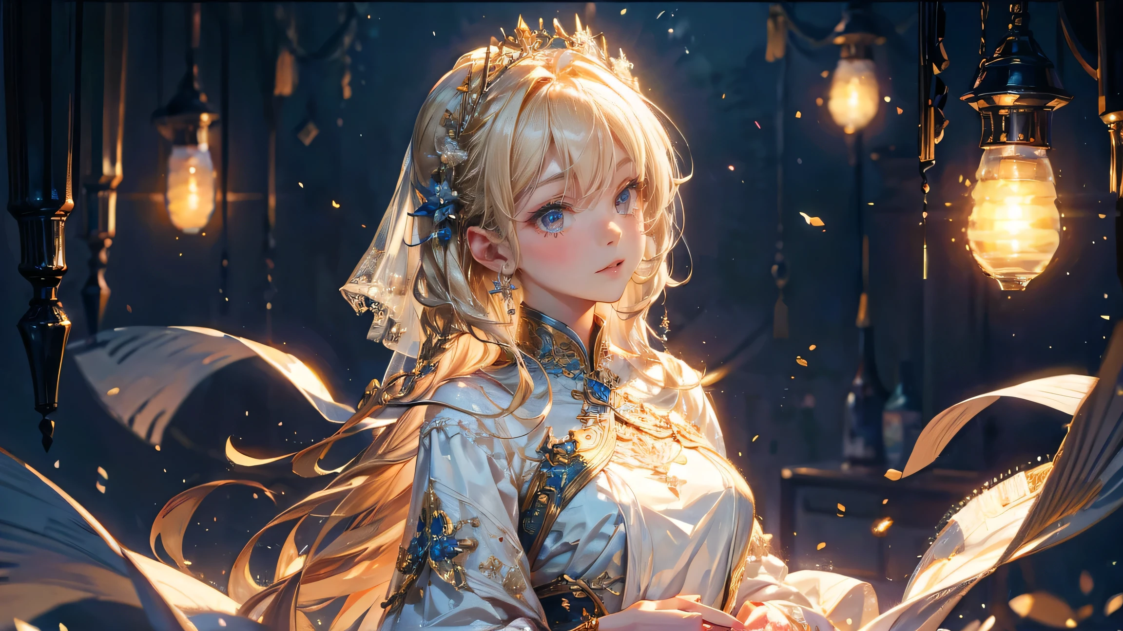 (Best Quality: 1.3, Masterpiece: 1.3), Ultra HD, (1girl, solo), atmospheric perspective, detailed face, upper body, makeup, drunk face, sweaty body, hot, kimono, shiny skin, (blonde hair), long hair, Looking at In front of the audience, (much blushing), blue eyes, small breasts, slim body, (((curtain dark room background at dark night))), night light