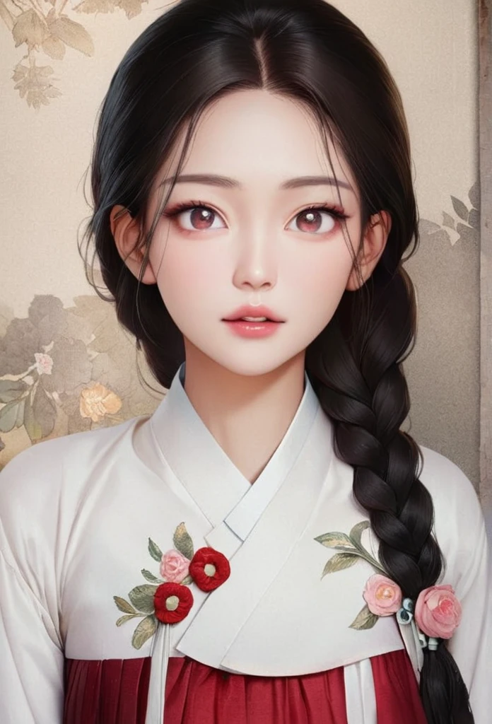 (best quality best,high resolution,very detailed), masterpiece, best quality, (masterpiece), (Detailed illustrations), top quality, illustration, (intricate details), (Korean style, realistic: 1.37), Upper body close-up, Very delicate and beautiful, very detailed, 8K wallpapers, amazing, fine details, high resolution, very detailed eyes and face, Full body front view, (Looking for viewers: 1.4), Korean style Hanok, Traditional Korean Houses, Korean woman, The Girl in the Hanbok, (20 years old), beautiful 완벽한 대칭의 얼굴, Detailed delicate pupils, pale skin, Black hair braided and decorated with gold decorative pins, headdress, earring, Flower pattern, Summer hanbok made of thin material, Close-up photo of a woman standing in a large space, Rich crimson hanbok skirt, beautiful, Gorgeous and classic, Detailed description of traditional Korean clothing, very detailed, 가장 realistic 일러스트, 