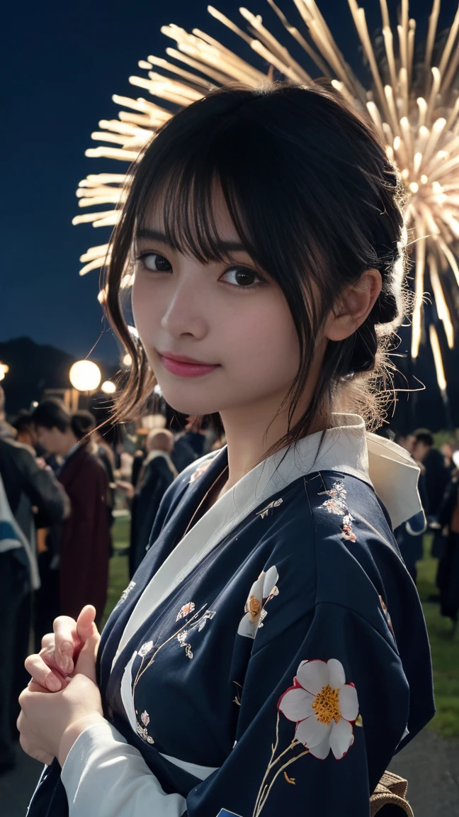 ((Night road in the countryside:1.5))、((Fireworks are launched into the sky:1.4))、((Young woman wearing yukata with white vertical stripes:1.3))、(masterpiece、top-quality) 、Soft lighting、absolutely outstanding image, very extremely beautiful、masterpiece, top-quality,Photos, kawaii、(Colossal tits:1.2)、20 year old girl、(The skin is reddened:1.3)、Young adorable Japan face, dewy skin, close up of face, Young Face, soft portrait shot 8 k, If々Shishi Japan girl realistic young idol、Young cute gravure idol、Young Sensual Gravure Idol、Young gravure idols、model in Japan