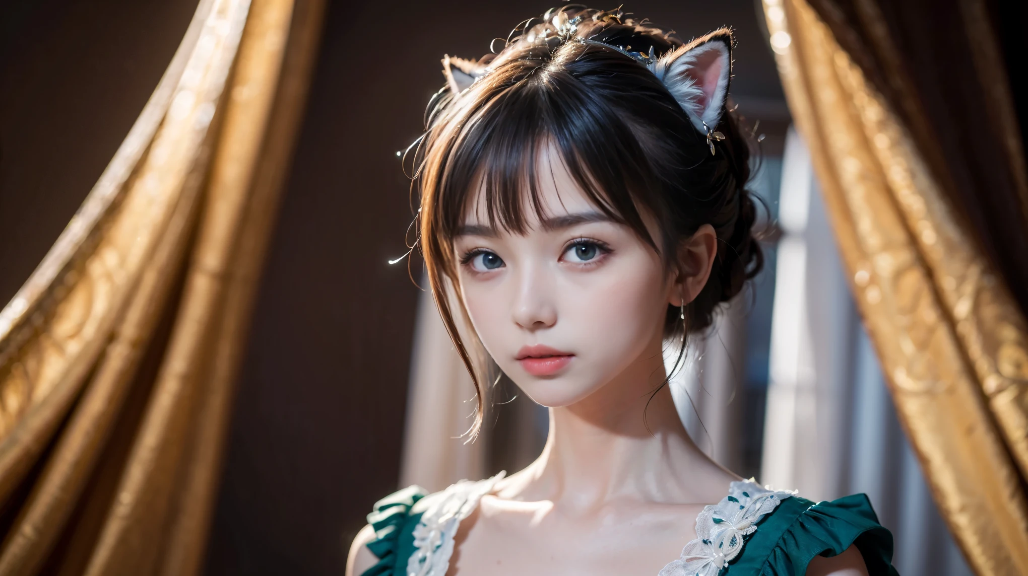 A woman in a green dress with a cat ear and a cat ear - SeaArt AI