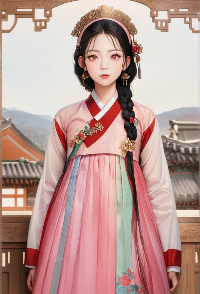 Full body view, (best quality best,high resolution,very detailed), masterpiece, best quality, (masterpiece), (Detailed illustrations), top quality, illustration, (intricate details), (Korean style, realistic: 1.37), Upper body close-up, Very delicate and beautiful, very detailed, 8K wallpapers, amazing, fine details, high resolution, very detailed eyes and face, Full body front view, (Looking for viewers: 1.4), Korean style Hanok, Traditional Korean Houses, Korean woman, The Girl in the Hanbok, (20 years old), beautiful 완벽한 대칭의 얼굴, Detailed delicate pupils, pale skin, Black hair braided and decorated with gold decorative pins, headdress, earring, Flower pattern, Summer hanbok made of thin material, Close-up photo of a woman standing in a large space, Rich crimson hanbok skirt, beautiful, Gorgeous and classic, Detailed description of traditional Korean clothing, very detailed, 가장 realistic 일러스트, 