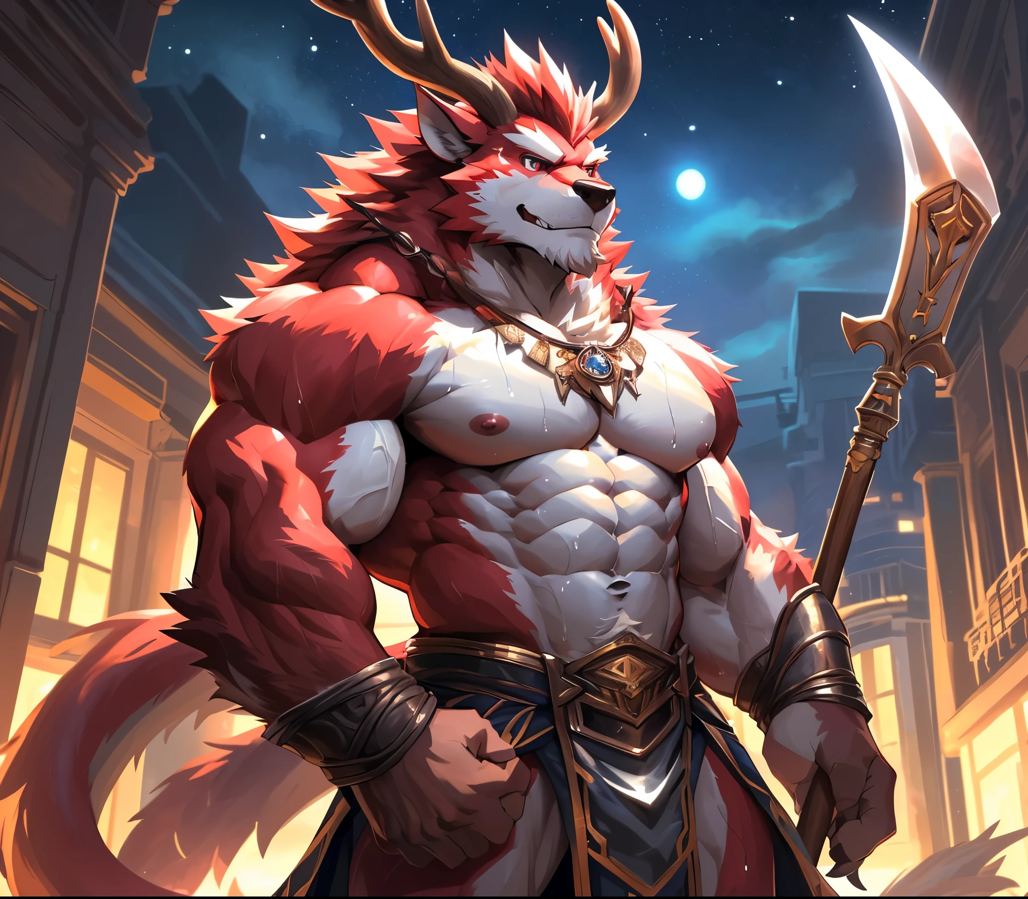 ((best quality)), ((masterpiece)), (ultra detailed), perfect face,antro baize:2.5, male , solo, ((deep-crimson fur)), (strong beefy muscular body), ((abs, strongmuscles, 8 pack)), furry, handsome,Beautiful and delicate eyes, (ultra detailed eyes, (yellow):0.1 eyes, sharp eyes), detailed scene,full body, reflection, shirtless, red cimson hair, topless, pink nipples, (artist: null-ghost,traver009, lindong, pino daeni), (full body), wearing random pattern necklace, claws, ((fluffy fur, fluffy, furry body)), (qilin, a pair of antler), majestic, wind blowing, ((white belly), ((1 long tail)), big fellow, muscular male, (brazilian tranditional outfit), fluffy chest hair, handsome,(Great physique),Delicate canine teeth, hairy, male, anime, full body, solo, holding a long spear, fierce look, bravary, (a knight general), (drenched in sweat), scouting in the outskirt, night scenery, 