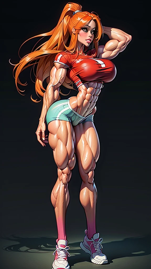 Fullbody view, (navel piercing), navel exposed, Generate an illustration of a mature Orihime, pink shirt,  orange hair , ((hailey grace face)), de terno preto, (natural lipstick:1.1), long hair, hair flows straight down, hair pins on both sides, (firm breasts:1.6), crop top, shorts, long socks, sneakers,  outfit in anime format with a serious style, masterpiece, ((white lighting)), black background, puffy lips,((slendered abs)), beautiful face, well defined powerful musculature, bulky and buff woman, (muscular body: 1.7), hypermuscular body of Professional female bodybuilder, (powerful thighs and glutes: 1.6), ((straight body posture))