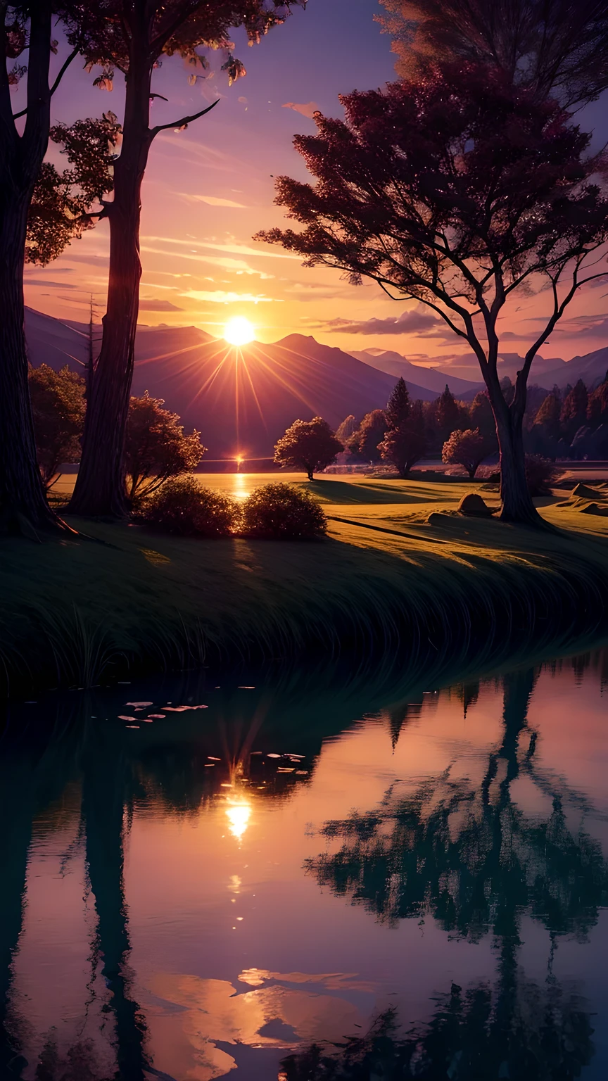 beautiful picture，Showing a beautiful tree illuminated from below, sunset colors, sun over horizon, Lakeside trees, HD,8k Masterpiece, Magic Image