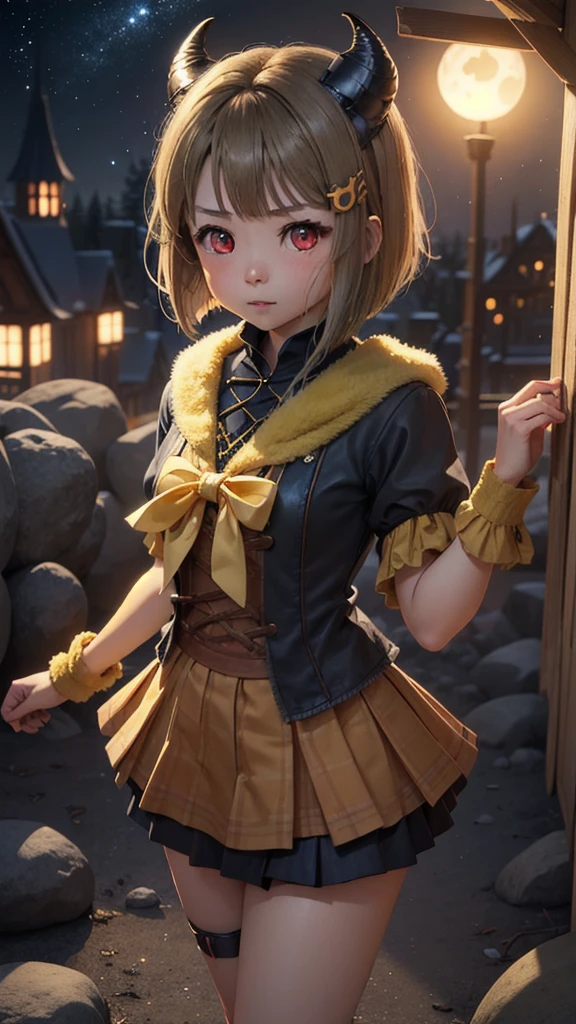 (Highest quality，masterpiece)，One girl, solo, Anime Screencap，Ray Tracing，Global Illumination，ultra hi resolution picture，Bright colors，Depth of written boundary，Valhalla Castle，cute，night，Yellow-brown hair，Bobcut，short hair，ワンレングスBobcut，Asymmetrical Hair，Long left hair，Red Eye，Kasumi Nakasu，Devil horns，Dark Witch、Angry Face