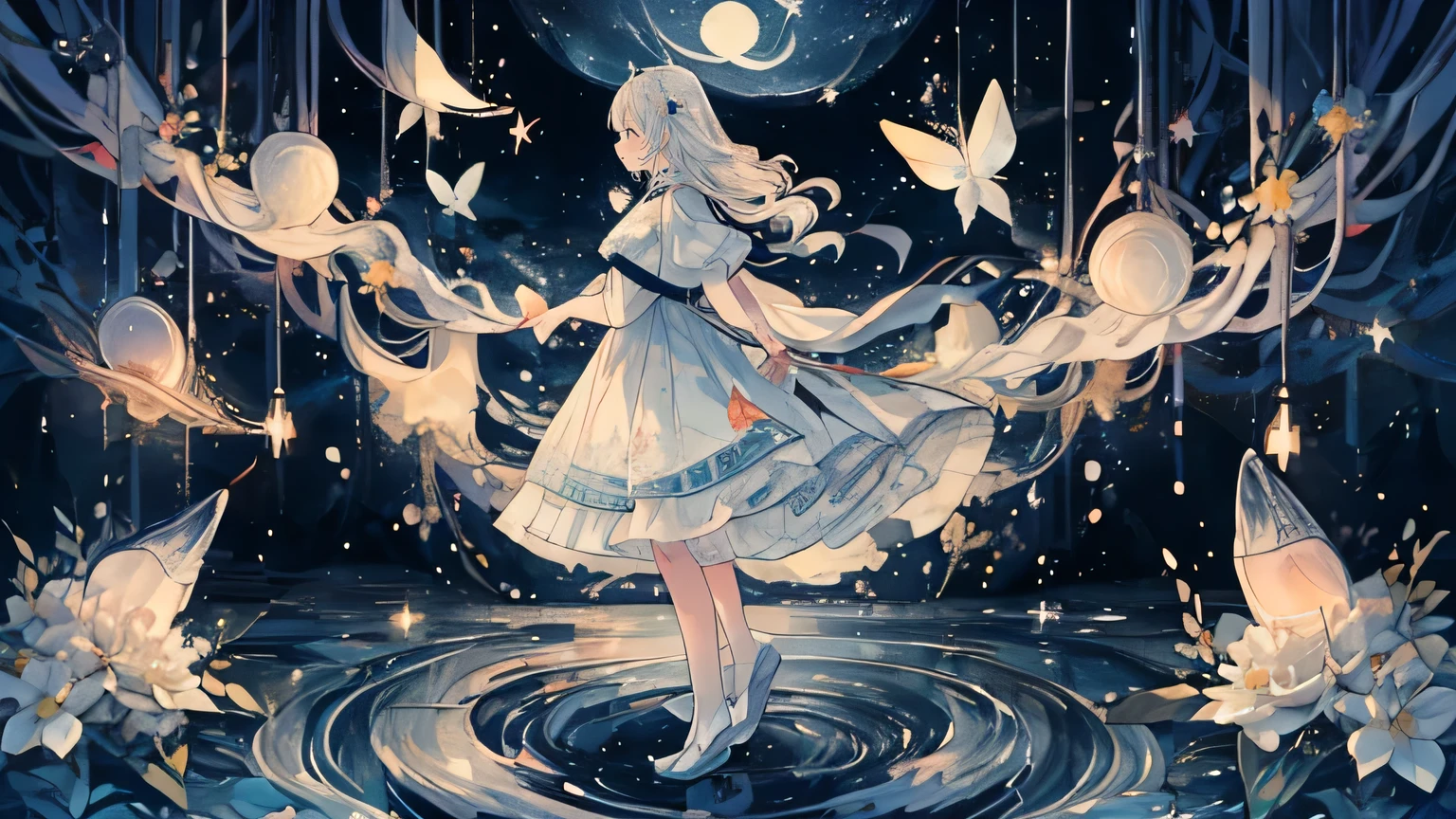 (masterpiece), (best quality), Very detailed, 1 girl, (Full body solo photo:1.5), Perfect face, beautiful girl, Very detailedな顔,(Blue Dress:1.4)、(Long white hair:1.5),(Blue eyes:1.4),(PRİNCESS:1.4)、(White flowers:1.4)、(Blue Butterfly々:1.3)、(starの粒子:1.3)、moonlight、流れstar、(night、star空、White Moon:1.4)、star々、moonlight