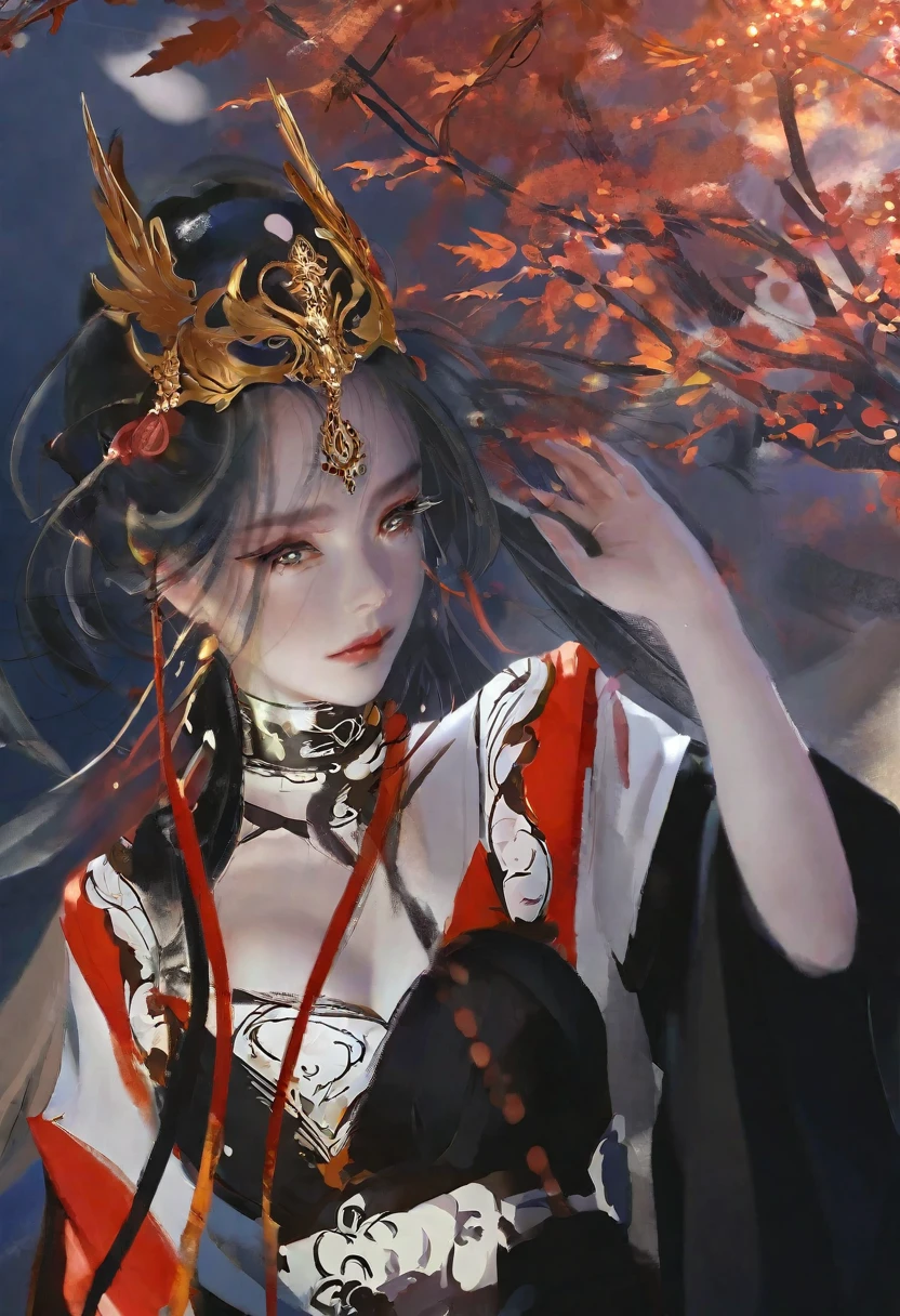 There is a woman wearing a golden mask on her head，Wearing a skirt, Exquisite face，((Beautiful fantasy queen)), Beautiful fantasy queen, guweiz style artwork, Digital Art on Pixiv, Fall Queen, Inspired by Ai Xuan, Digital Anime Illustration, Inspired by Ma Yuanyu, Fantasy style anime, Produced in collaboration with Anime Painter Studio, Anime fantasy illustration，Light and Shadow，Volumetric Light，HD，