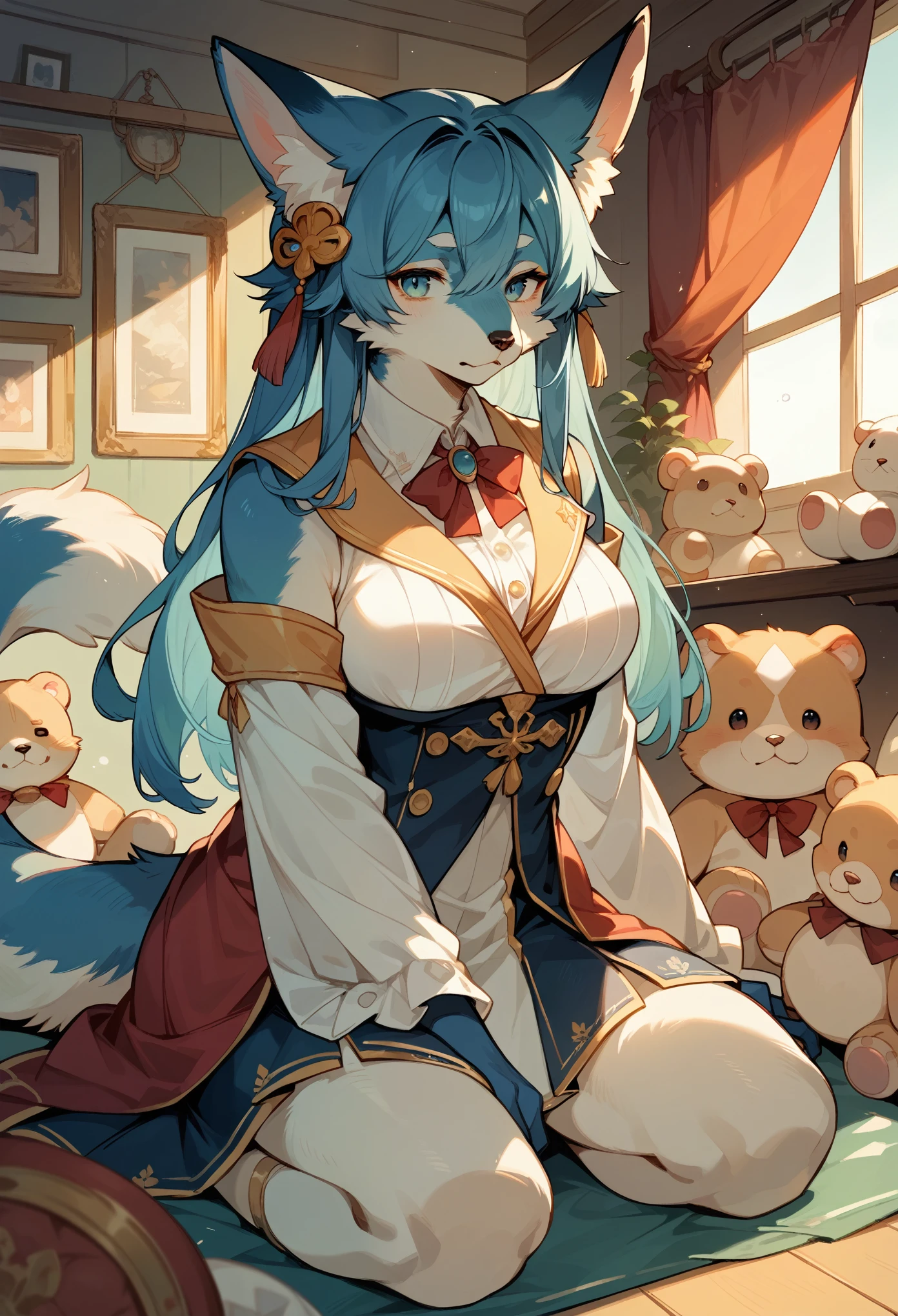 cover page, highres, top quality, best quality, paid reward available, unparalleled masterpiece, perfect artwork, absurdres, High-quality illustrations, super high resolution, detailed background, perfect anatomy(1girl, kemono, furry anthro, kemono, sleepy eyes)many stuffed animals sitting in room with ship in the background, final fantasy artwork concept,