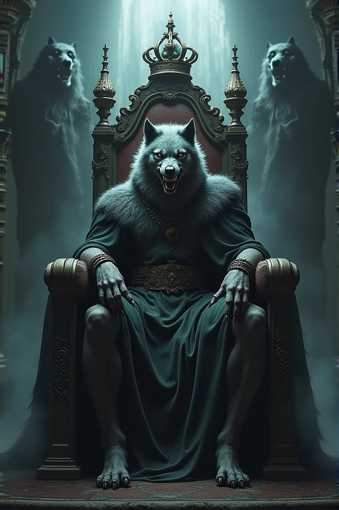 An armored wolf sitting on a throne
.