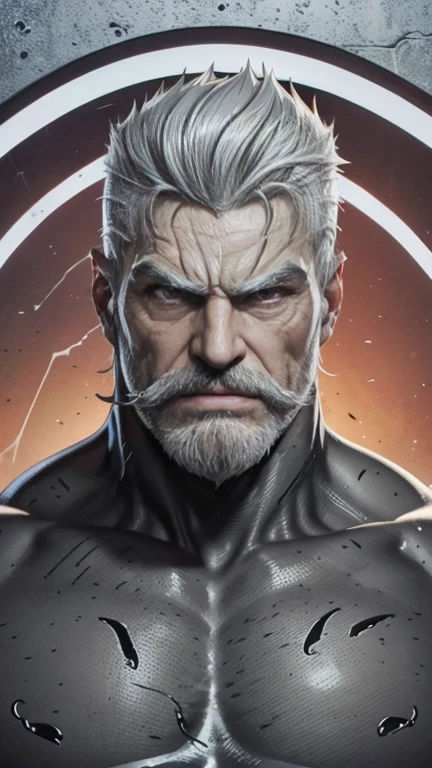 a muscular man, Quiff hairstyle, gray hair, gray mustache, gray beard, venom symbiote, large white spider symbol on symbiote, handsome face, detailed eyes, nose and lips, mouth wide open, detailed teeth, detailed vampiric fangs, 8k, high quality, photorealistic, dramatic lighting, cinematic
