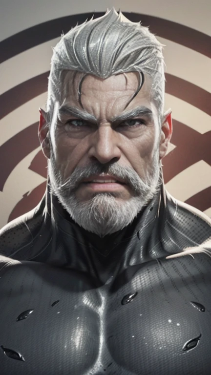 a muscular man, Quiff hairstyle, gray hair, gray mustache, gray beard, venom symbiote, large white spider symbol on symbiote, handsome face, detailed eyes, nose and lips, mouth wide open, detailed teeth, detailed vampiric fangs, 8k, high quality, photorealistic, dramatic lighting, cinematic
