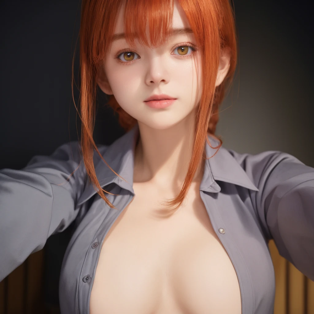 ((((masterpiece, best quality, high resolution)))), Extremely detailed 8K, Beautiful girl with voluptuous body, (Ultra HD, Ultra-detailed, Highly detailed, Highly realistic, Ultra-realistic, photograph realistic), (1girl:1.5), (Realistic orange hair), (short silky hair, hair ornaments, earrings), (dynamic poses), facing at camera, looking at viewer, (blushing red, embarrassed, exhausted, smile), (grey eyes, sharp eyes), (small perky breasts:1.2), (beautiful detailed face, beautiful detailed eyes), ((naked)), (detail pussy), (sitting on bed:1.3), sweat, glow, (nightlight), ((cowboy shot)), bedroom, seductive