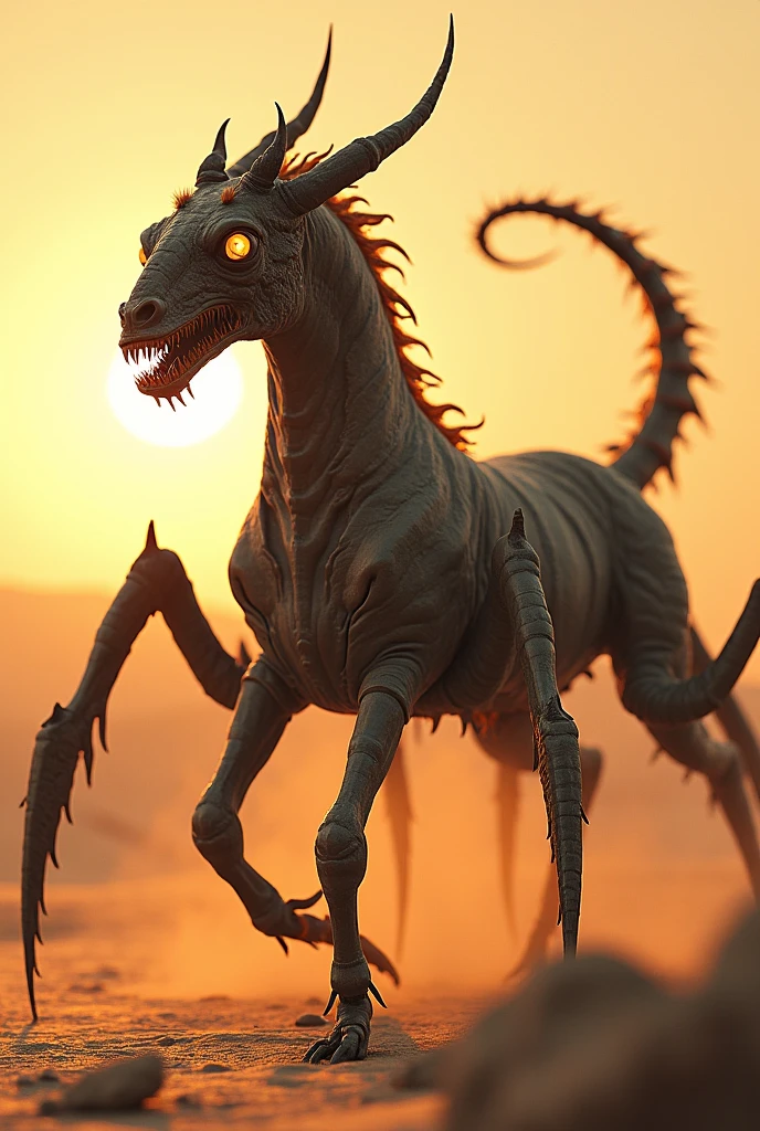 Horse with 6 eyes, giant scorpion stinger instead of tail, giant spider legs. in the desert with sharp teeth