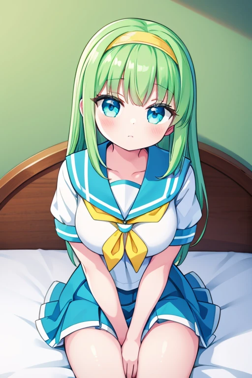 Highest quality,4K,cute,Lime Green middle straight hair,blue eyes,Yellow headband,Aliceband,Large Breasts,middle School girls,Girl sitting in bed,sailor uniform,Embarrassing,