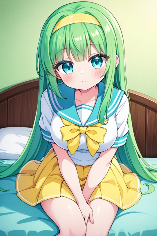 Highest quality,4K,cute,Lime Green middle straight hair,blue eyes,Yellow headband,Aliceband,Large Breasts,middle School girls,Girl sitting in bed,sailor uniform,Embarrassing,