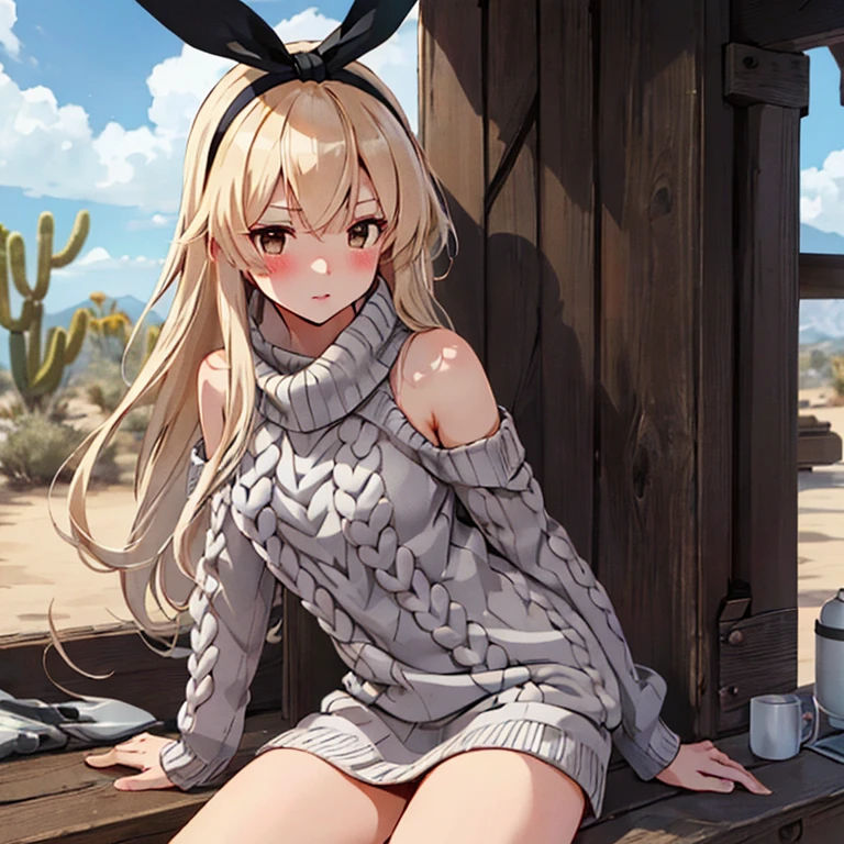 shimakaze_kantaicollection,
long_hair, blonde_hair, hairband, blush,
 (masterpiece:1.4),(best quality:1.4), (premium:1.4), (great illustration:1.4), (ultra-detailed:1.4),(art CG, 8K),1girl,solo,KonishiCSA, full body, 
Desert,(virgin killer sweater:1.4),

