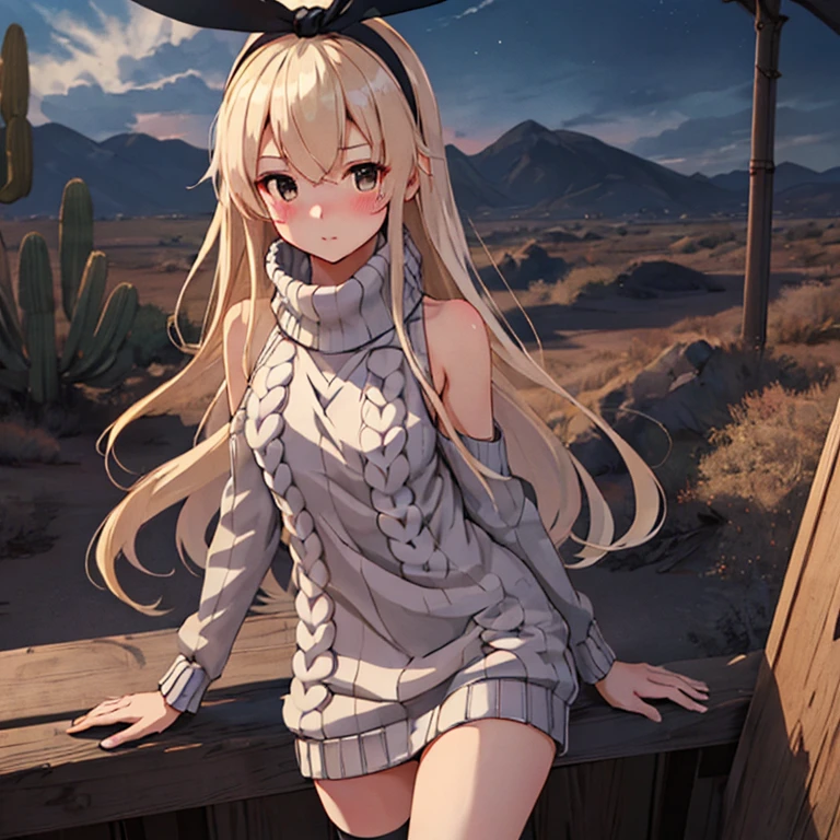 shimakaze_kantaicollection,
long_hair, blonde_hair, hairband, blush,
 (masterpiece:1.4),(best quality:1.4), (premium:1.4), (great illustration:1.4), (ultra-detailed:1.4),(art CG, 8K),1girl,solo,KonishiCSA, full body, 
Desert,(virgin killer sweater:1.6),

