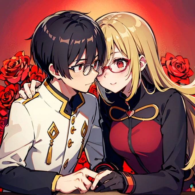 1 boy with black hair, Red jacket and glasses romantically kissing a girl with blonde hair and red eyes. Flower field in the background., True love, blushing cheeks, high quality 