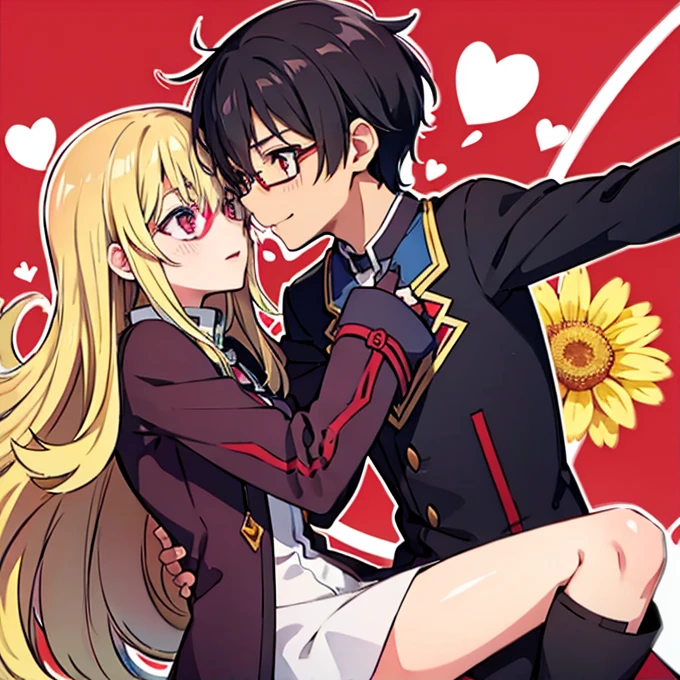 1 boy with black hair, Red jacket and glasses romantically kissing a girl with blonde hair and red eyes. Flower field in the background., True love, blushing cheeks, high quality 